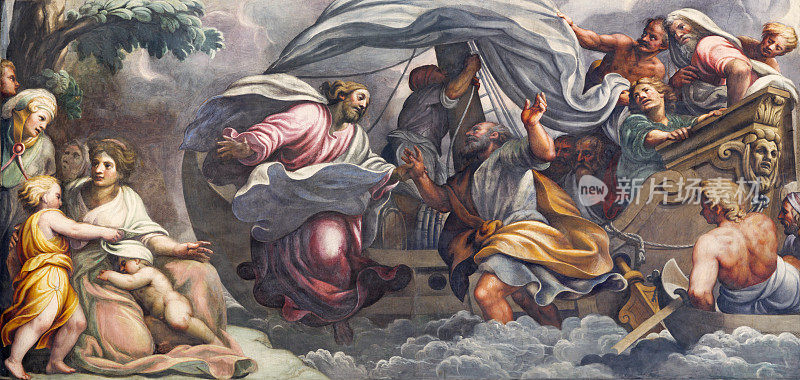 帕尔玛——拉坦齐奥·甘巴拉(Lattanzio Gambara, 1567 - 1573)的壁画《彼得》(Peter)，在大教堂水上走向耶稣。